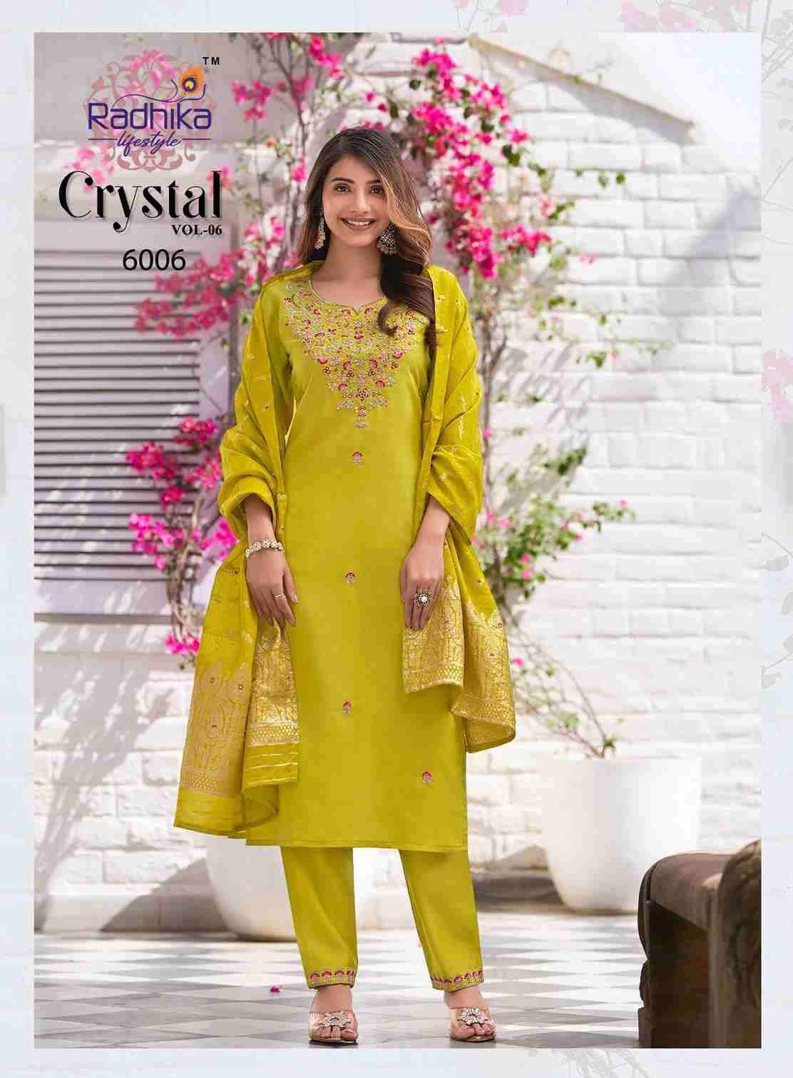 Crystal Vol-6 By Radhika Lifestyle 6001 To 6006 Series Designer Festive Suits Beautiful Stylish Fancy Colorful Party Wear & Occasional Wear Roman Silk Dresses At Wholesale Price