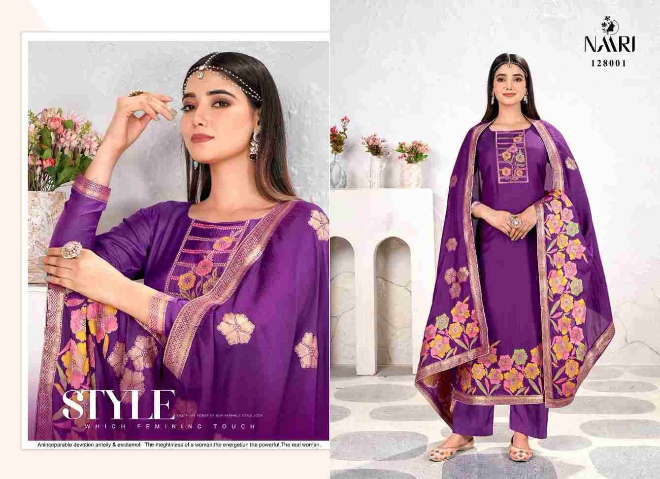 Sanaya By Naari 128001 To 128004 Series Beautiful Stylish Festive Suits Fancy Colorful Casual Wear & Ethnic Wear & Ready To Wear Muslin Jacquard Dresses At Wholesale Price