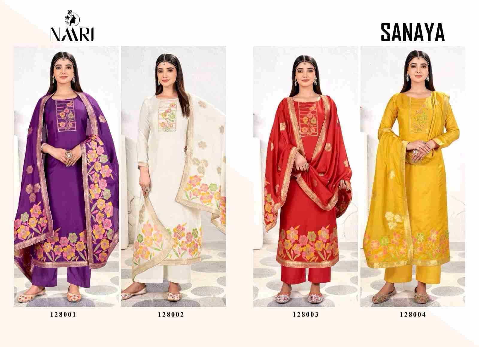 Sanaya By Naari 128001 To 128004 Series Beautiful Stylish Festive Suits Fancy Colorful Casual Wear & Ethnic Wear & Ready To Wear Muslin Jacquard Dresses At Wholesale Price