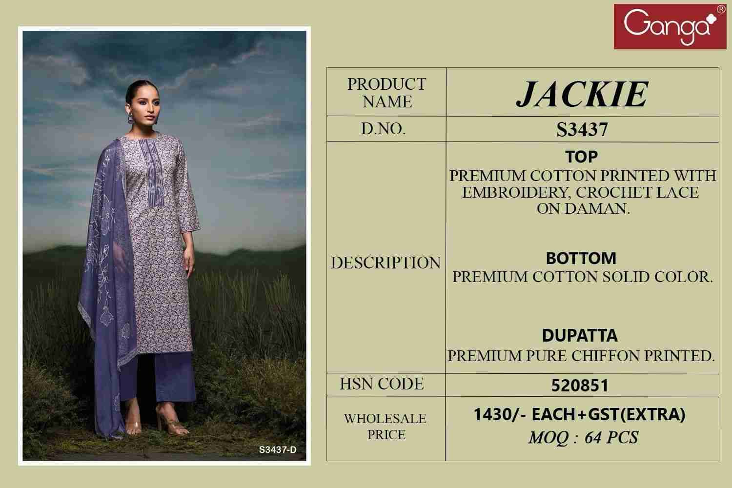 Jackie-3437 By Ganga Fashion 3437-A To 3437-D Series Beautiful Festive Suits Colorful Stylish Fancy Casual Wear & Ethnic Wear Cotton Dresses At Wholesale Price