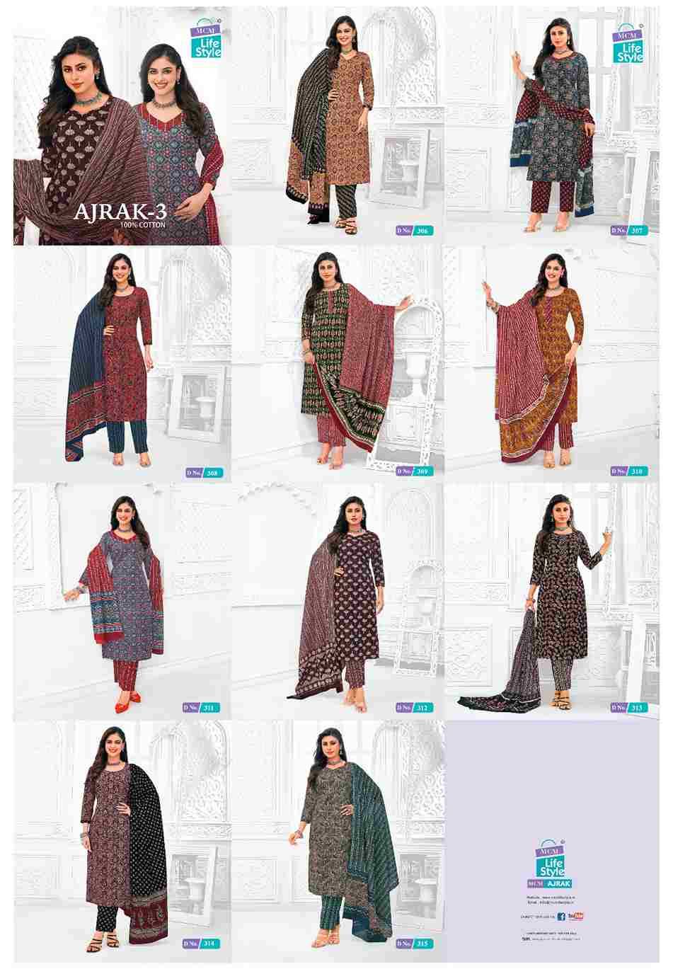 Ajrak Vol-3 By MCM Lifestyle 306 To 315 Series Beautiful Festive Suits Stylish Fancy Colorful Casual Wear & Ethnic Wear Pure Cotton Print Dresses At Wholesale Price