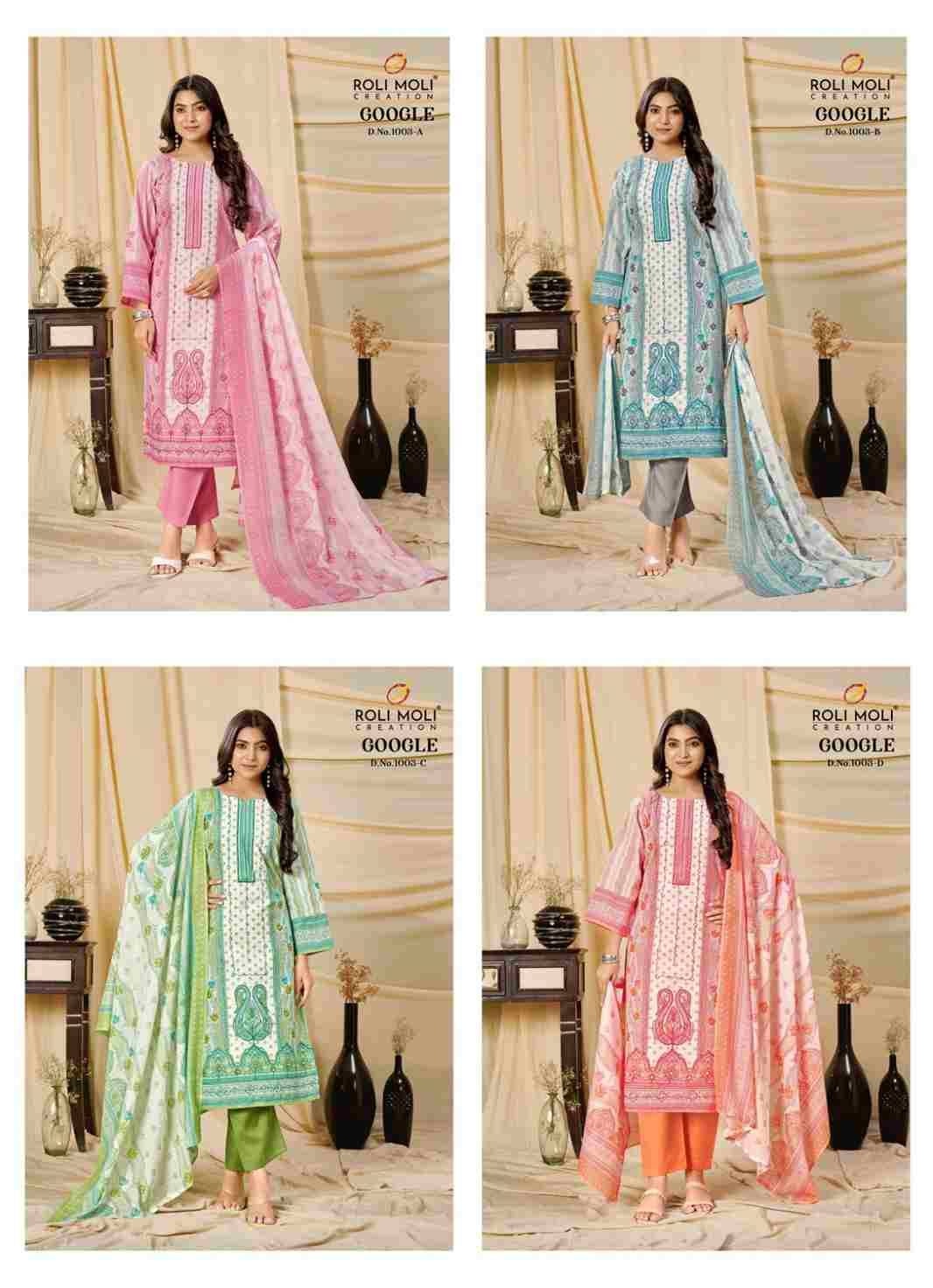 Google Vol-3 By Roli Moli 1003-A To 1003-D Series Beautiful Stylish Festive Suits Fancy Colorful Casual Wear & Ethnic Wear & Ready To Wear Semi Cambric Dresses At Wholesale Price