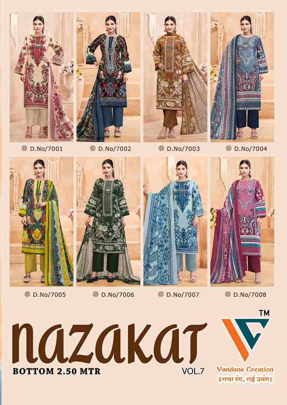 Nazakat Vol-7 By Vandana Creation 7001 To 7008 Series Beautiful Festive Suits Stylish Fancy Colorful Casual Wear & Ethnic Wear Soft Cotton Print Dresses At Wholesale Price
