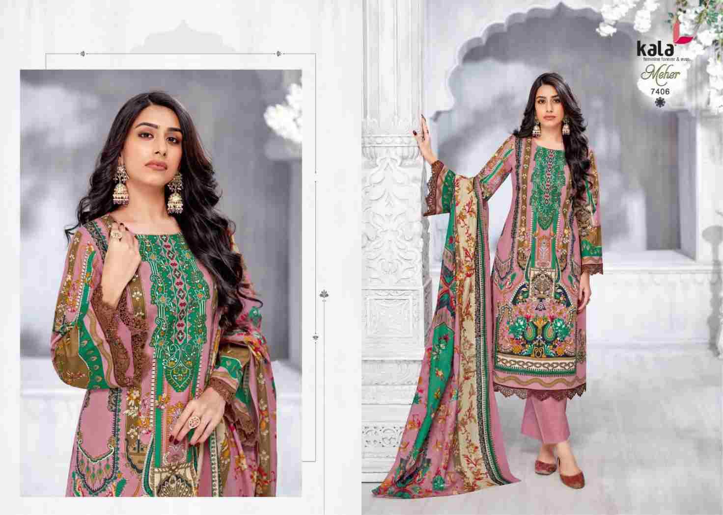 Meher Vol-11 By Kala 7401 To 7412 Series Beautiful Pakistani Suits Stylish Colorful Fancy Casual Wear & Ethnic Wear Premium Cotton Print Dresses At Wholesale Price