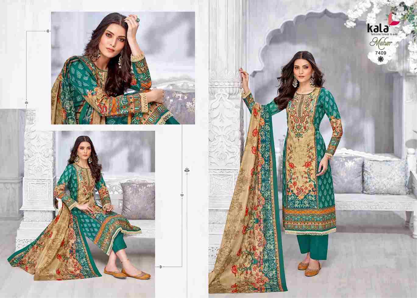Meher Vol-11 By Kala 7401 To 7412 Series Beautiful Pakistani Suits Stylish Colorful Fancy Casual Wear & Ethnic Wear Premium Cotton Print Dresses At Wholesale Price