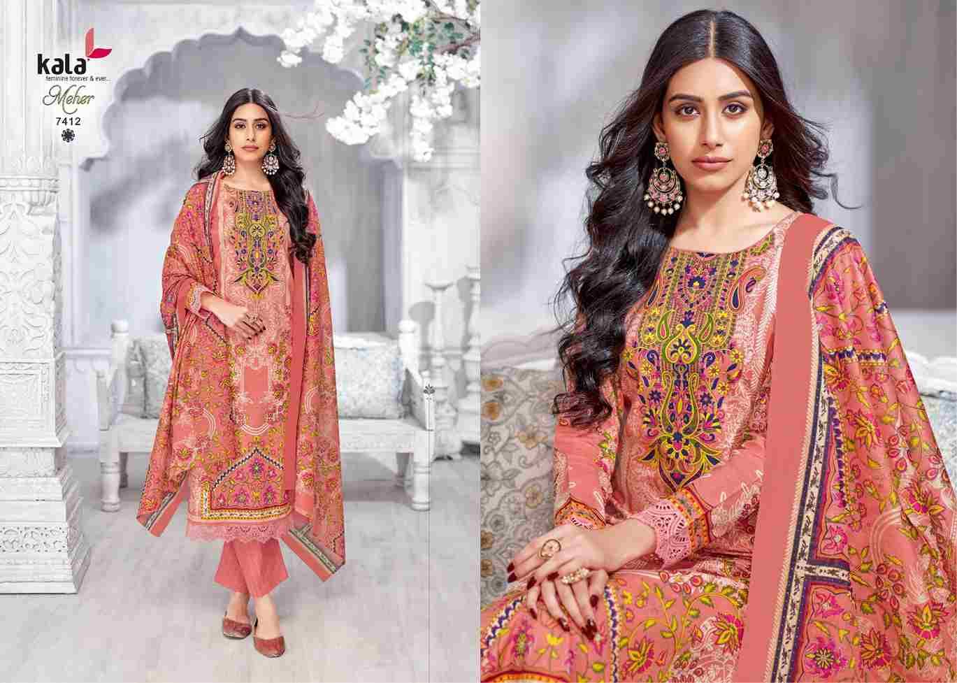 Meher Vol-11 By Kala 7401 To 7412 Series Beautiful Pakistani Suits Stylish Colorful Fancy Casual Wear & Ethnic Wear Premium Cotton Print Dresses At Wholesale Price