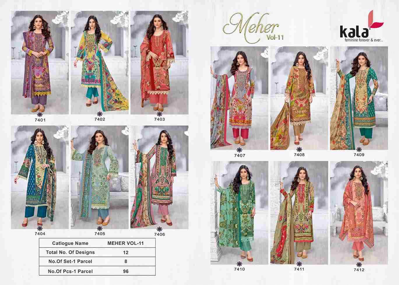 Meher Vol-11 By Kala 7401 To 7412 Series Beautiful Pakistani Suits Stylish Colorful Fancy Casual Wear & Ethnic Wear Premium Cotton Print Dresses At Wholesale Price