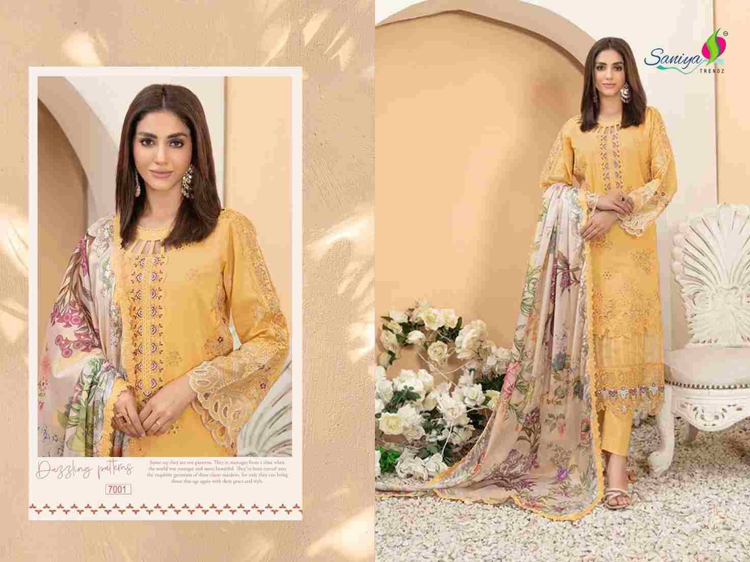 Rang Rasiya Vol-7 By Saniya Trendz 7001 To 7005 Series Beautiful Pakistani Suits Colorful Stylish Fancy Casual Wear & Ethnic Wear Cotton Embroidered Dresses At Wholesale Price