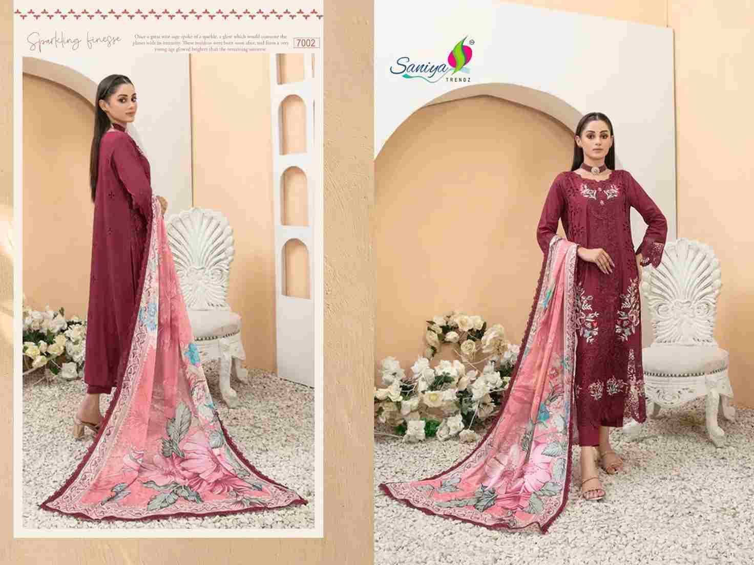 Rang Rasiya Vol-7 By Saniya Trendz 7001 To 7005 Series Beautiful Pakistani Suits Colorful Stylish Fancy Casual Wear & Ethnic Wear Cotton Embroidered Dresses At Wholesale Price