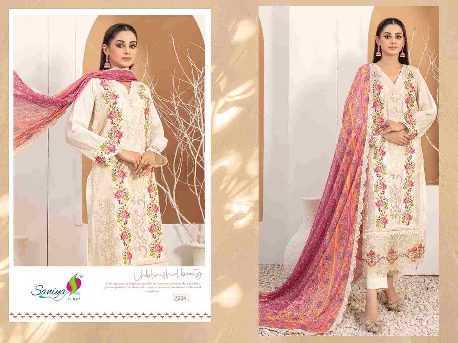 Rang Rasiya Vol-7 By Saniya Trendz 7001 To 7005 Series Beautiful Pakistani Suits Colorful Stylish Fancy Casual Wear & Ethnic Wear Cotton Embroidered Dresses At Wholesale Price