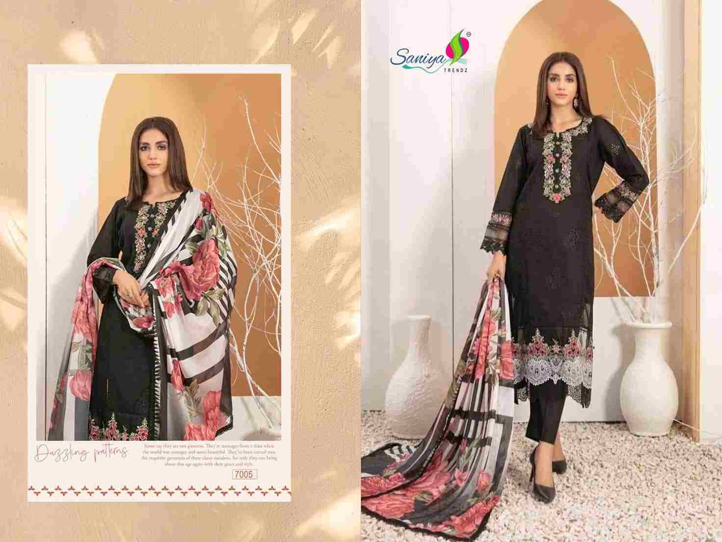 Rang Rasiya Vol-7 By Saniya Trendz 7001 To 7005 Series Beautiful Pakistani Suits Colorful Stylish Fancy Casual Wear & Ethnic Wear Cotton Embroidered Dresses At Wholesale Price
