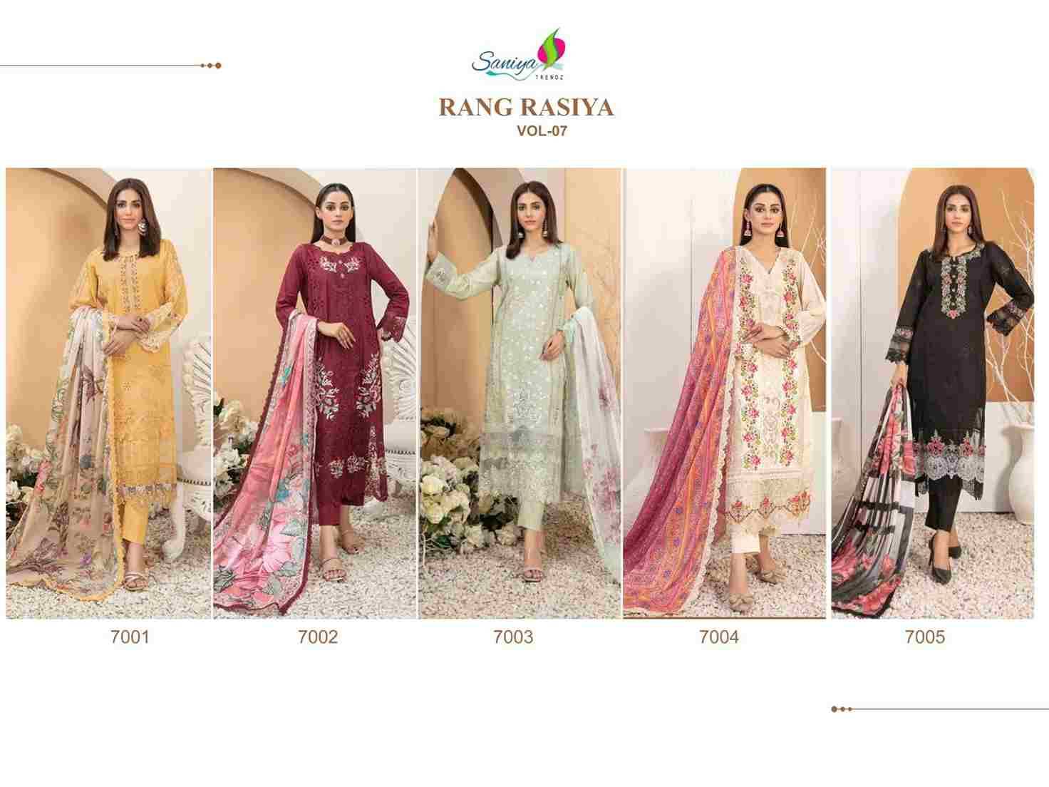 Rang Rasiya Vol-7 By Saniya Trendz 7001 To 7005 Series Beautiful Pakistani Suits Colorful Stylish Fancy Casual Wear & Ethnic Wear Cotton Embroidered Dresses At Wholesale Price