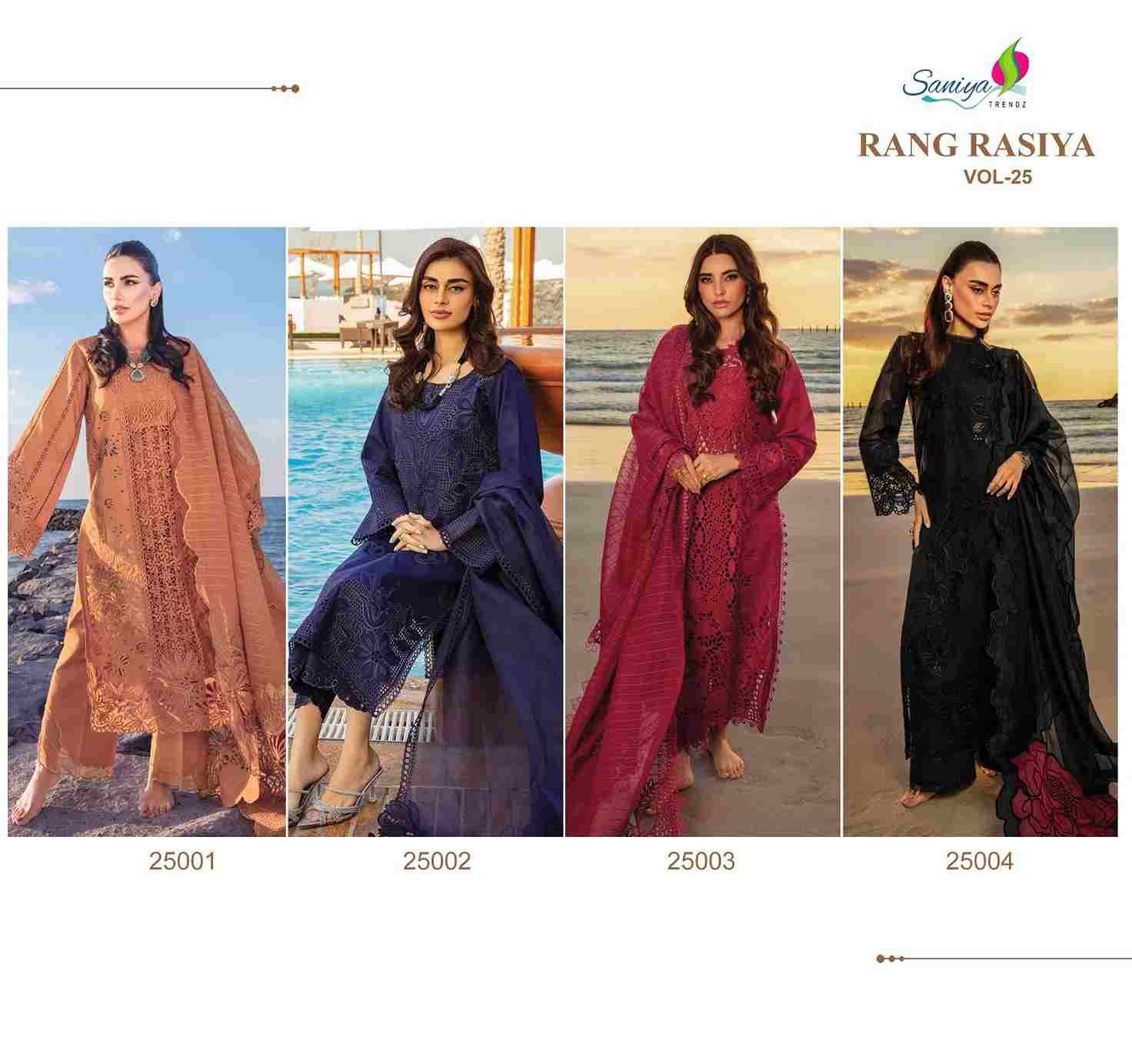 Rang Rasiya Vol-25 By Saniya Trendz 25001 To 25004 Beautiful Pakistani Suits Colorful Stylish Fancy Casual Wear & Ethnic Wear Cotton Embroidered Dresses At Wholesale Price
