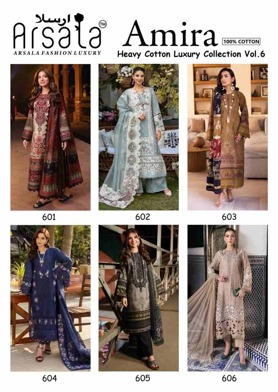 Amira Vol-6 By Arsala 601 To 606 Series Beautiful Festive Suits Stylish Fancy Colorful Casual Wear & Ethnic Wear Pure Lawn Cotton Print Dresses At Wholesale Price