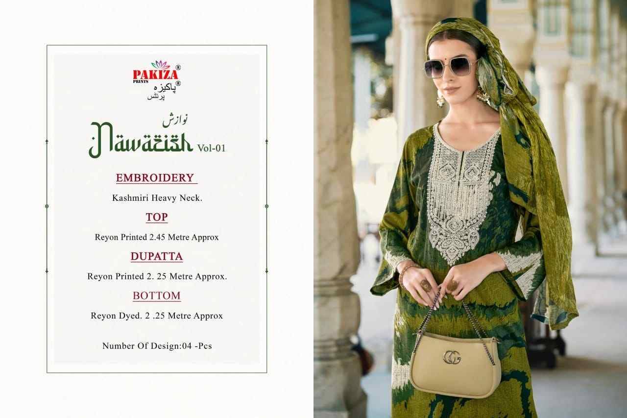 Nawazish Vol-01 By Pakiza Prints 1001 To 1004 Series Beautiful Festive Suits Stylish Fancy Colorful Party Wear & Occasional Wear Rayon Print Dresses At Wholesale Price