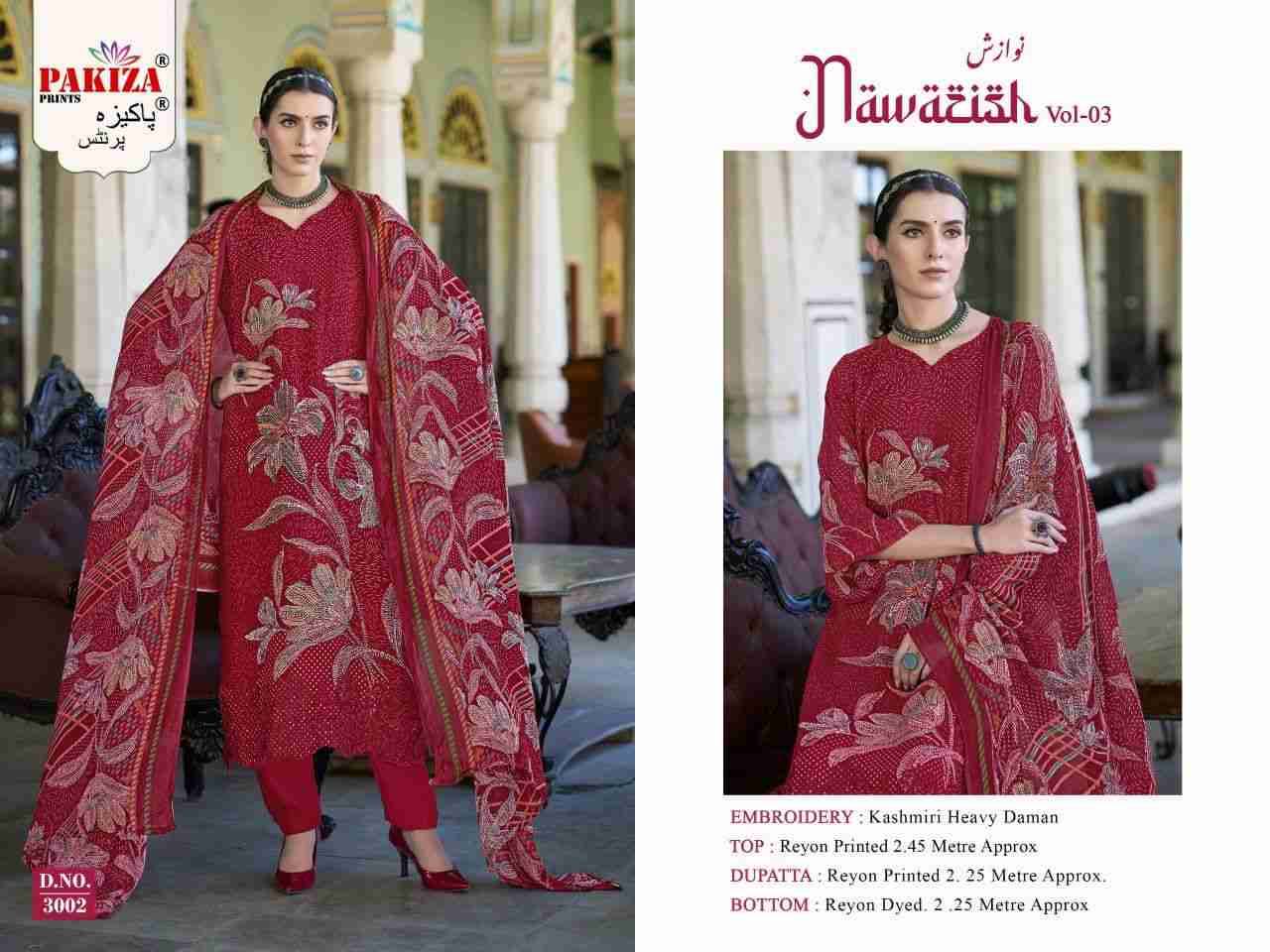 Nawazish Vol-03 By Pakiza Prints 3001 To 3004 Series Beautiful Festive Suits Stylish Fancy Colorful Party Wear & Occasional Wear Rayon Print Dresses At Wholesale Price