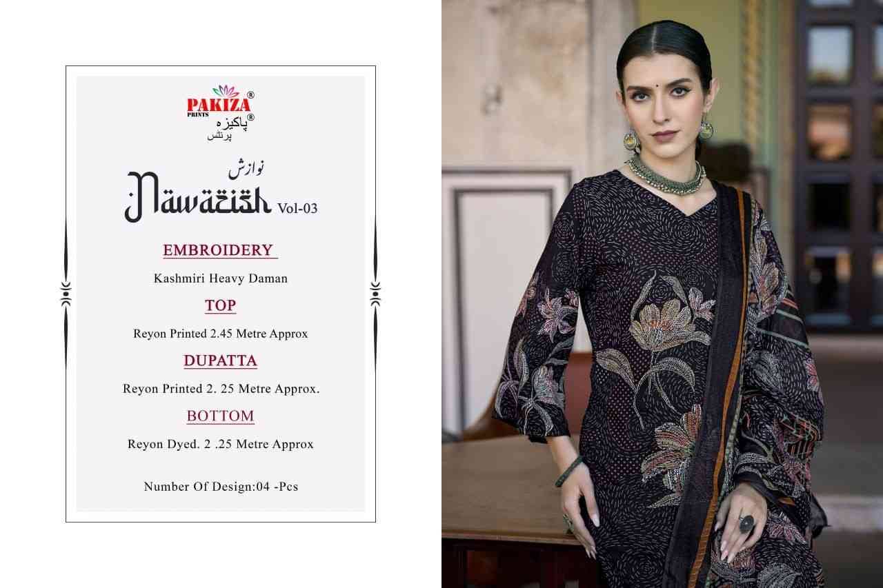 Nawazish Vol-03 By Pakiza Prints 3001 To 3004 Series Beautiful Festive Suits Stylish Fancy Colorful Party Wear & Occasional Wear Rayon Print Dresses At Wholesale Price