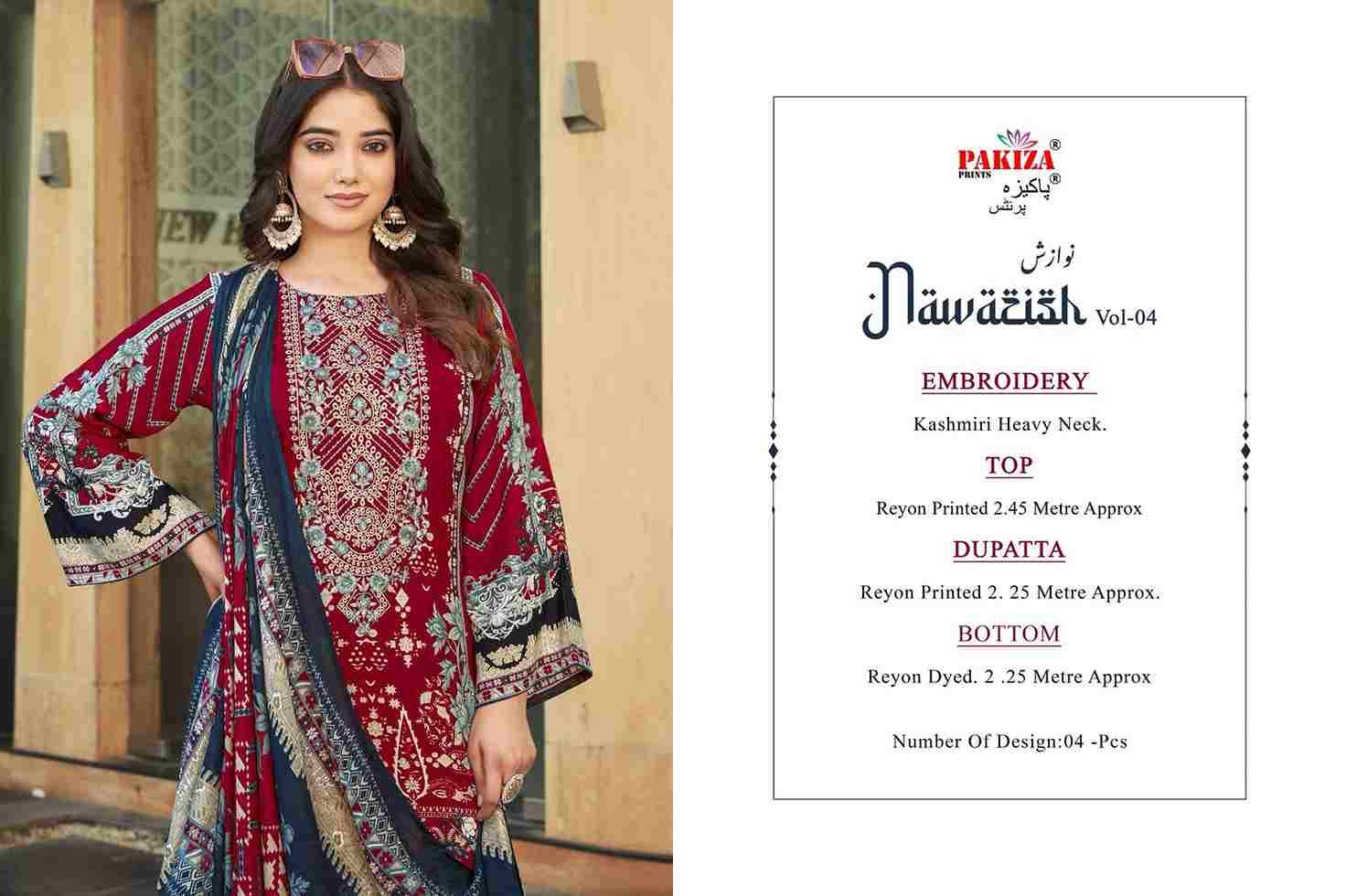 Nawazish Vol-04 By Pakiza Prints 4001 To 4004 Series Beautiful Festive Suits Stylish Fancy Colorful Party Wear & Occasional Wear Rayon Print Dresses At Wholesale Price