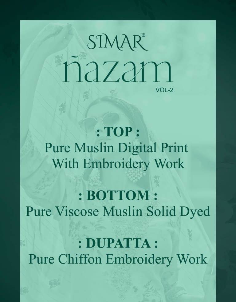 Nazam Vol-2 By Simar 933 To 938 Series Designer Festive Suits Beautiful Stylish Fancy Colorful Party Wear & Occasional Wear Pure Muslin Dresses At Wholesale Price