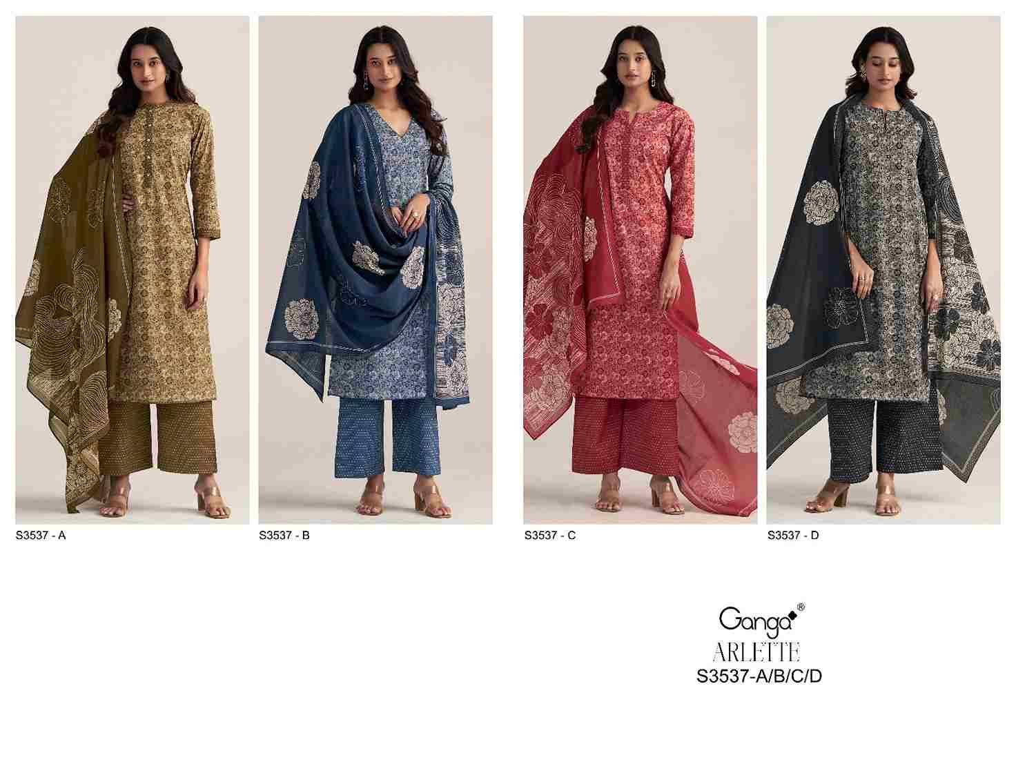 Arlette-3537 By Ganga Fashion 3537-A To 3537-D Series Beautiful Festive Suits Colorful Stylish Fancy Casual Wear & Ethnic Wear Pure Cotton Dresses At Wholesale Price