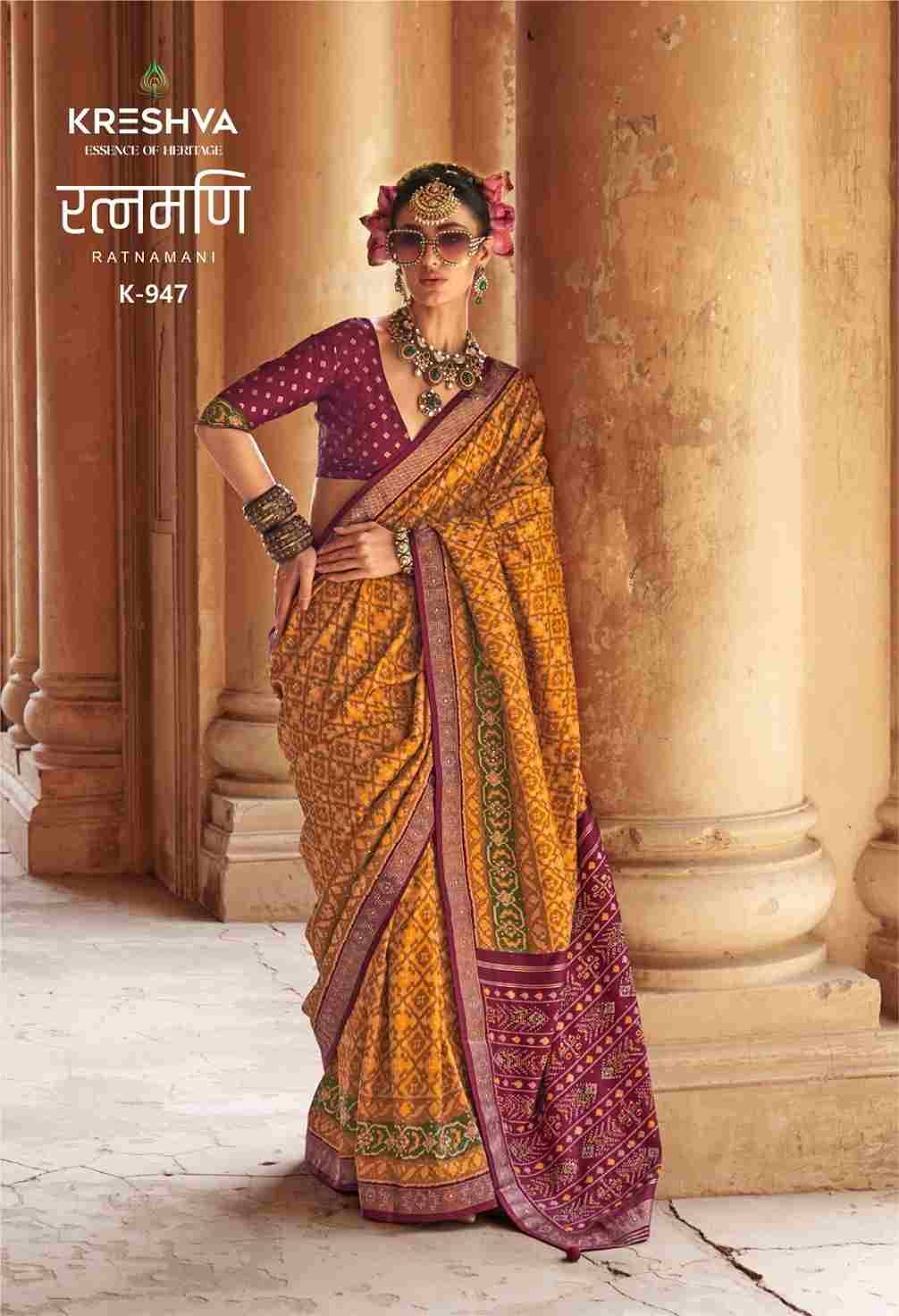 Ratnamani By Kreshva 945 To 950 Series Indian Traditional Wear Collection Beautiful Stylish Fancy Colorful Party Wear & Occasional Wear Pure Silk Sarees At Wholesale Price