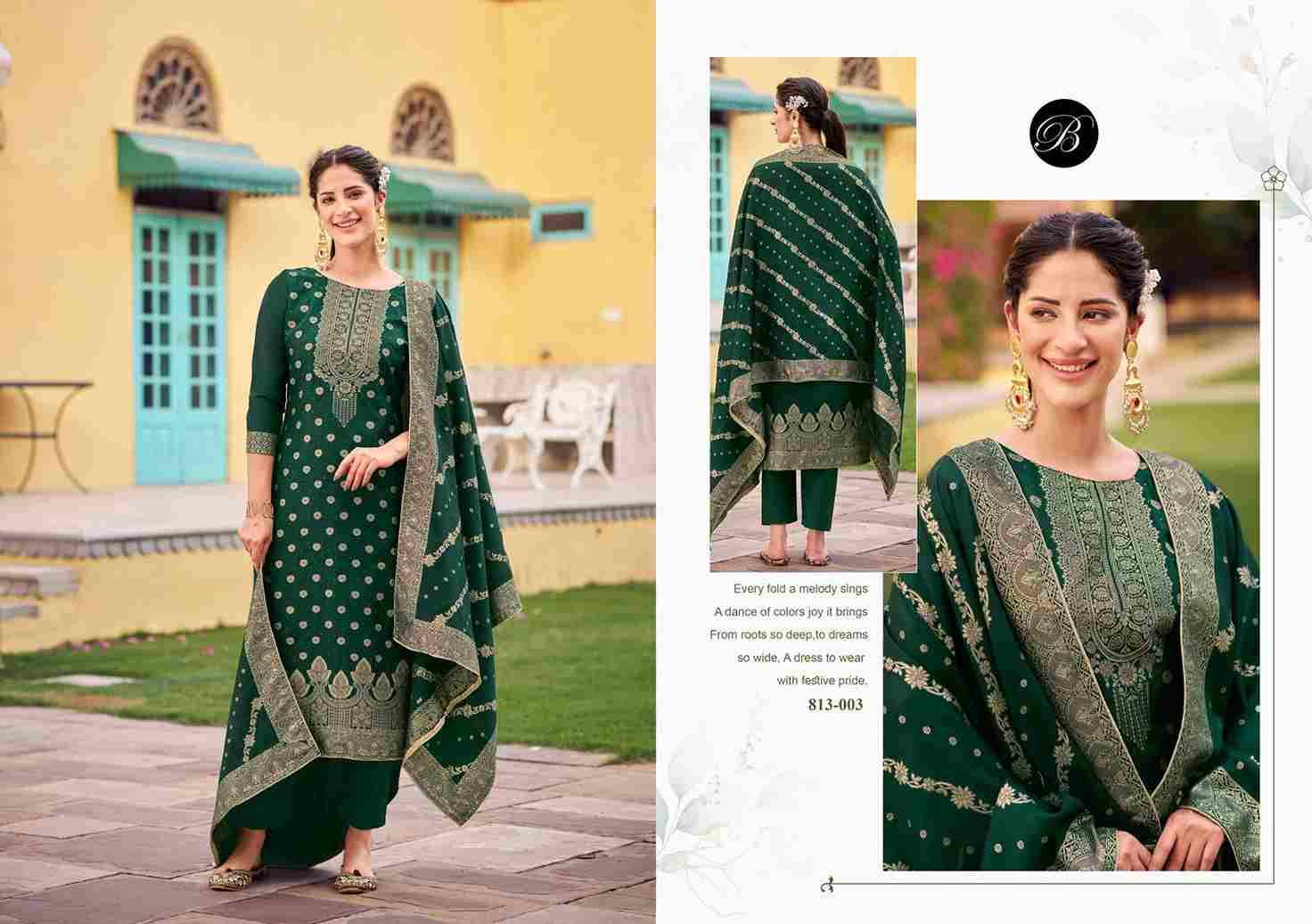 Zavira By Belliza 813-001 To 813-006 Series Beautiful Suits Colorful Stylish Fancy Casual Wear & Ethnic Wear Pure Viscose Dola Silk Jacquard Dresses At Wholesale Price