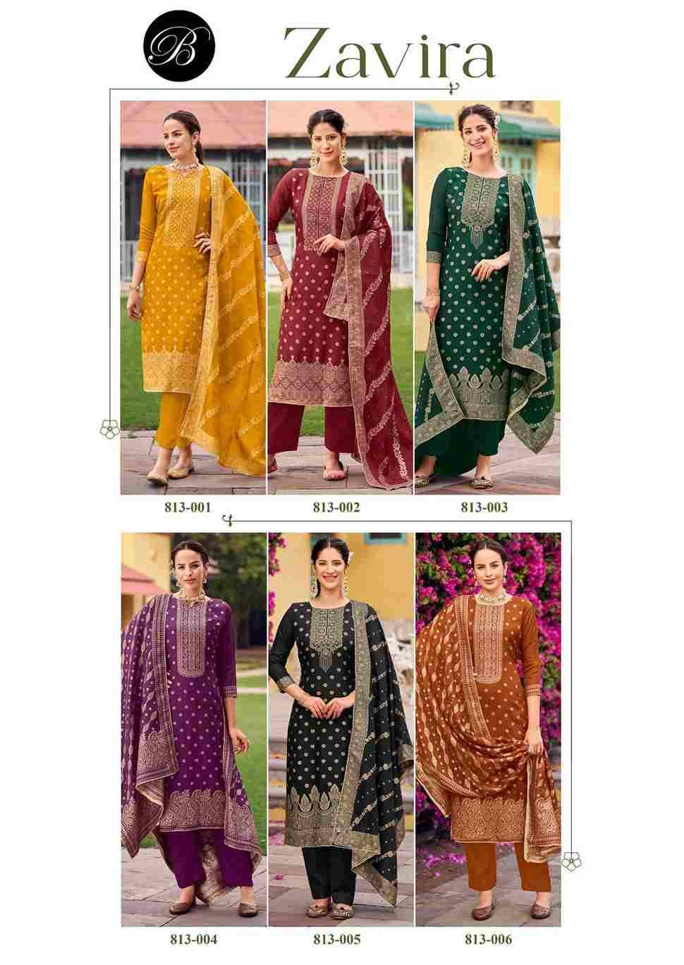 Zavira By Belliza 813-001 To 813-006 Series Beautiful Suits Colorful Stylish Fancy Casual Wear & Ethnic Wear Pure Viscose Dola Silk Jacquard Dresses At Wholesale Price