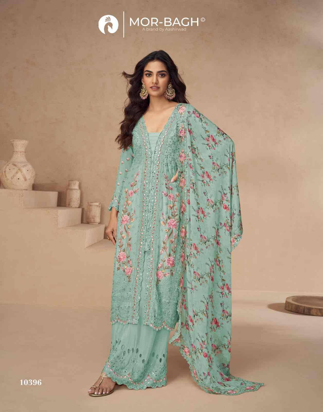 Aarna Color Plus By Mor-Bagh 10394 To 10398 Series Beautiful Festive Suits Colorful Stylish Fancy Casual Wear & Ethnic Wear Chinnon Silk With Work Dresses At Wholesale Price