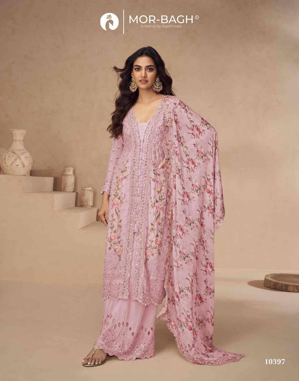 Aarna Color Plus By Mor-Bagh 10394 To 10398 Series Beautiful Festive Suits Colorful Stylish Fancy Casual Wear & Ethnic Wear Chinnon Silk With Work Dresses At Wholesale Price