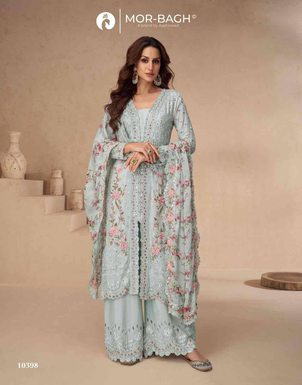 Aarna Color Plus By Mor-Bagh 10394 To 10398 Series Beautiful Festive Suits Colorful Stylish Fancy Casual Wear & Ethnic Wear Chinnon Silk With Work Dresses At Wholesale Price