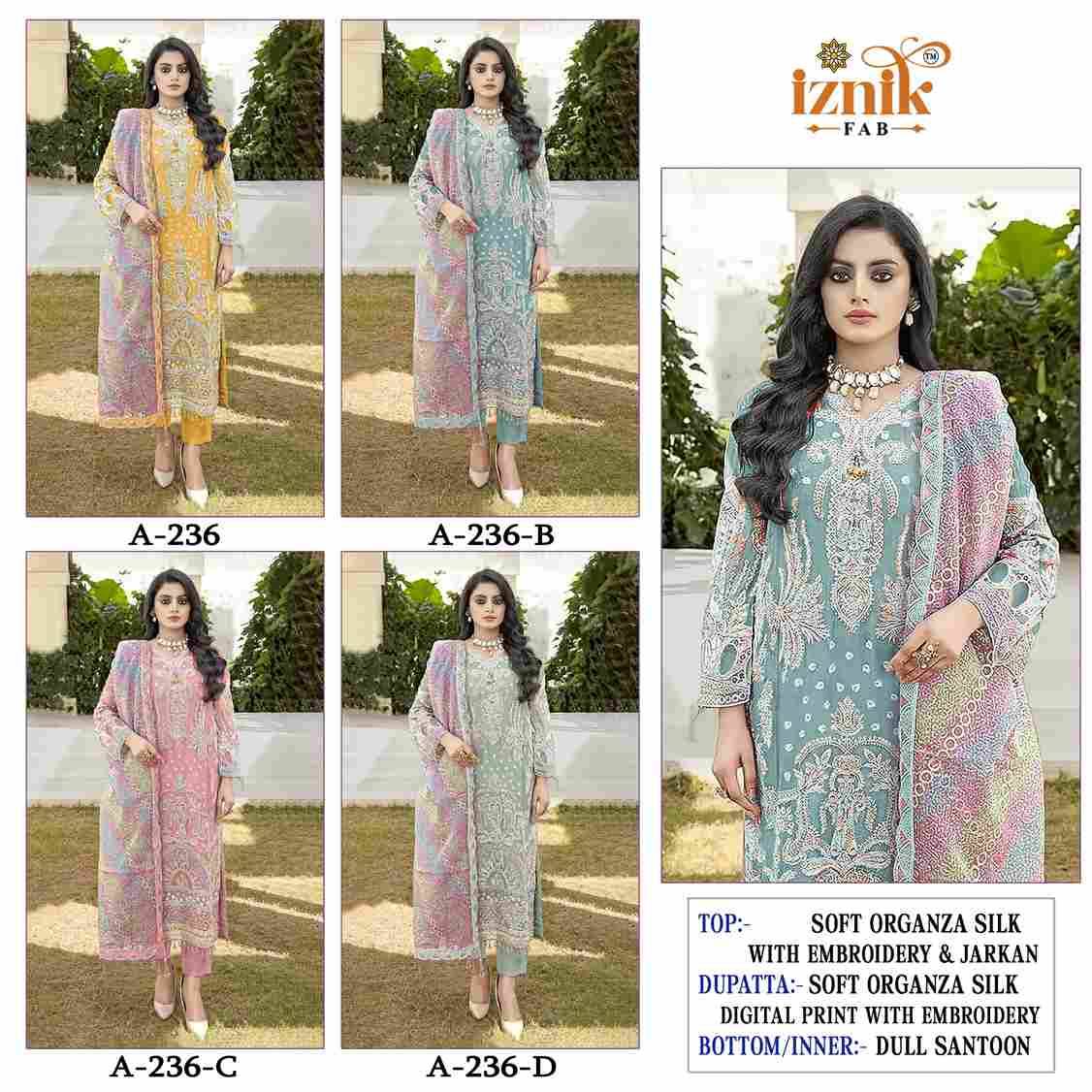 Iznik 236 Colours By Iznik Fab 236-A To 236-D Series Designer Pakistani Suits Beautiful Stylish Fancy Colorful Party Wear & Occasional Wear Organza Silk With Embroidery Dresses At Wholesale Price