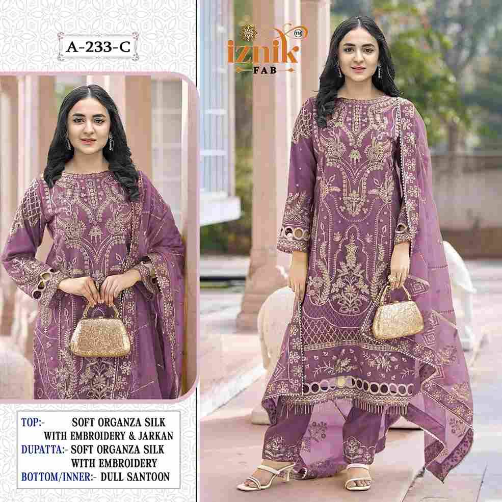 Iznik 233 Colours By Iznik Fab 233-A To 233-D Series Designer Pakistani Suits Beautiful Stylish Fancy Colorful Party Wear & Occasional Wear Organza Silk With Embroidery Dresses At Wholesale Price