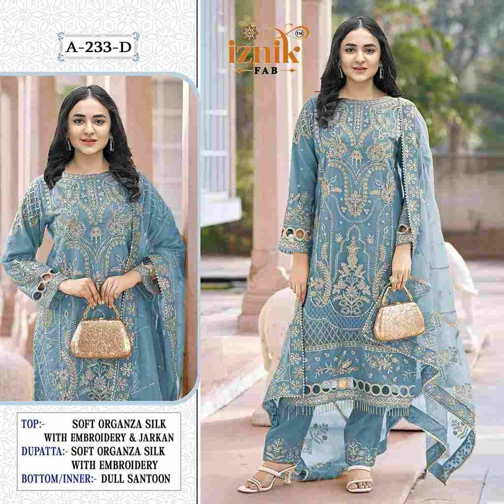 Iznik 233 Colours By Iznik Fab 233-A To 233-D Series Designer Pakistani Suits Beautiful Stylish Fancy Colorful Party Wear & Occasional Wear Organza Silk With Embroidery Dresses At Wholesale Price
