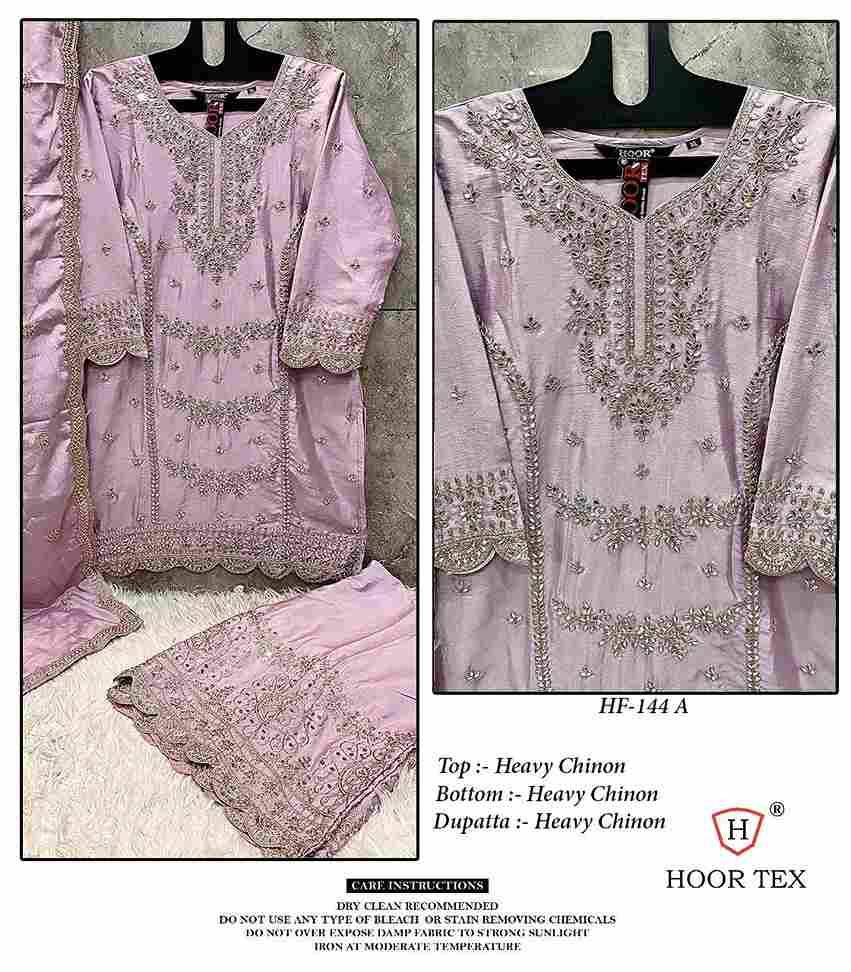 Hoor Tex Hit Design HF-144 Colours By Hoor Tex HF-144-A To HF-144-D Series Designer Festive Pakistani Suits Collection Beautiful Stylish Fancy Colorful Party Wear & Occasional Wear Heavy Chinnon Embroidered Dresses At Wholesale Price