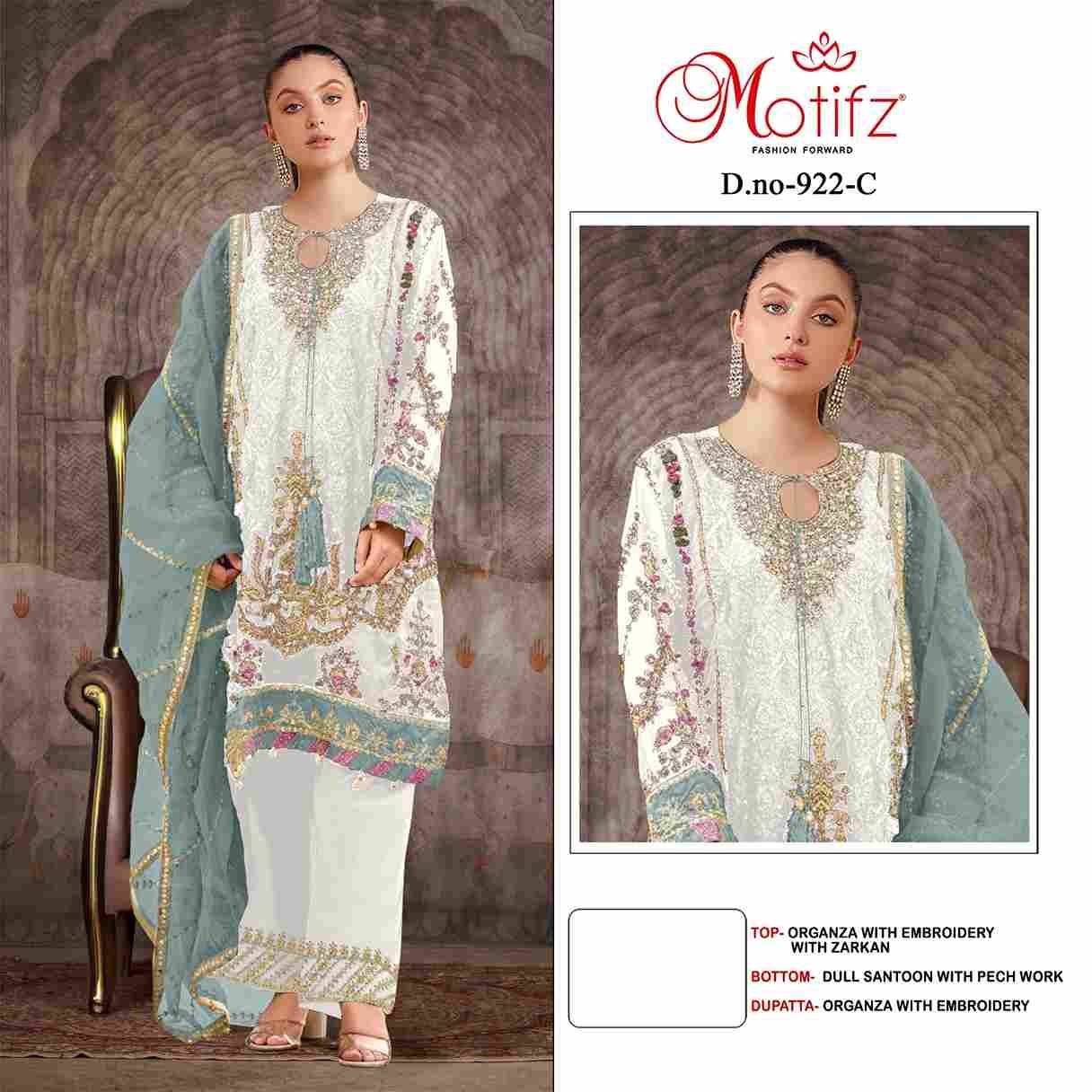 Motifz Hit Design 922 Colours By Motifz Beautiful Pakistani Suits Colorful Stylish Fancy Casual Wear & Ethnic Wear Organza Embroidered Dresses At Wholesale Price