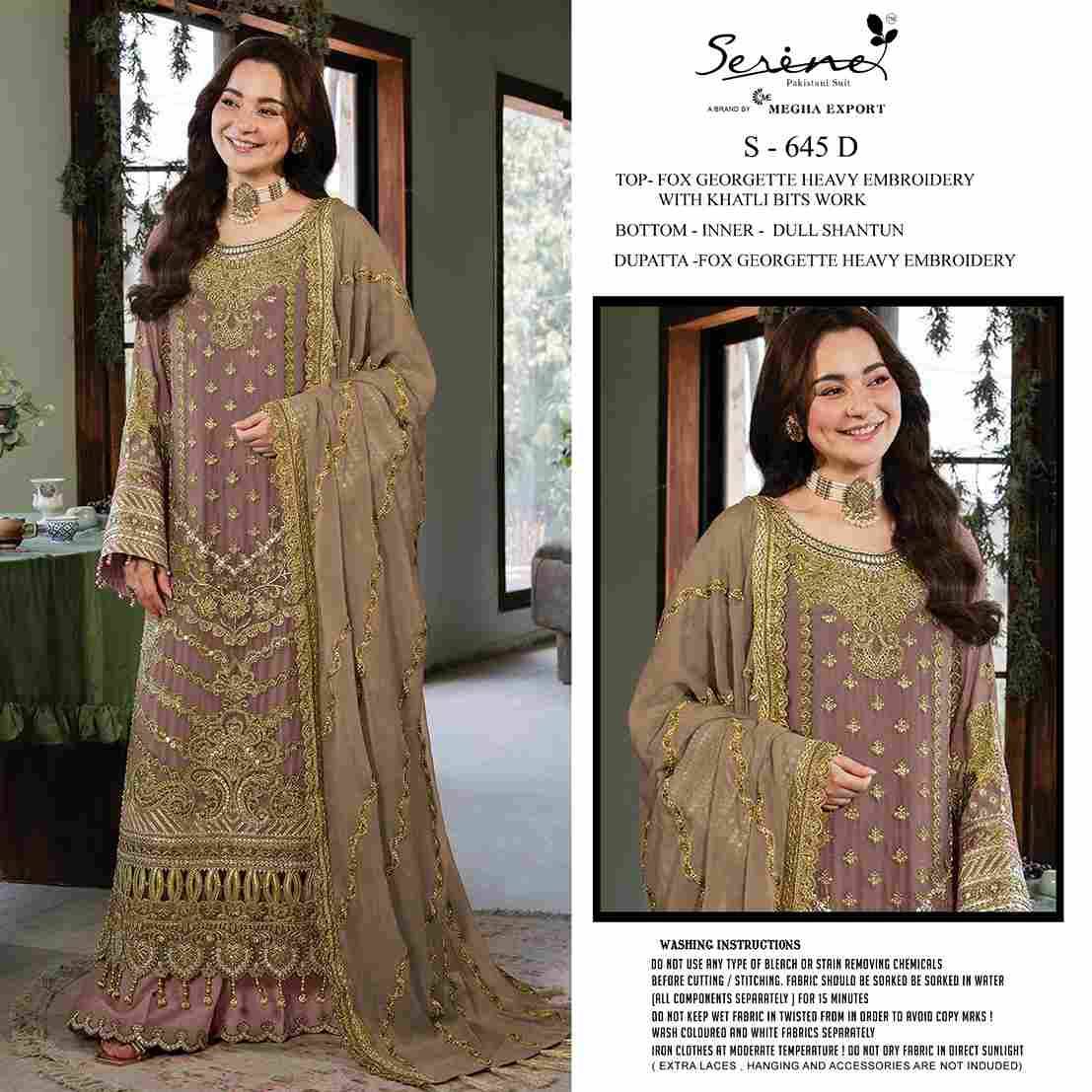 Serene Hit Design S-645 Colours By Serene S-645-A To S-645-D Series Designer Pakistani Suits Beautiful Fancy Colorful Stylish Party Wear & Occasional Wear Faux Georgette Embroidered Dresses At Wholesale Price