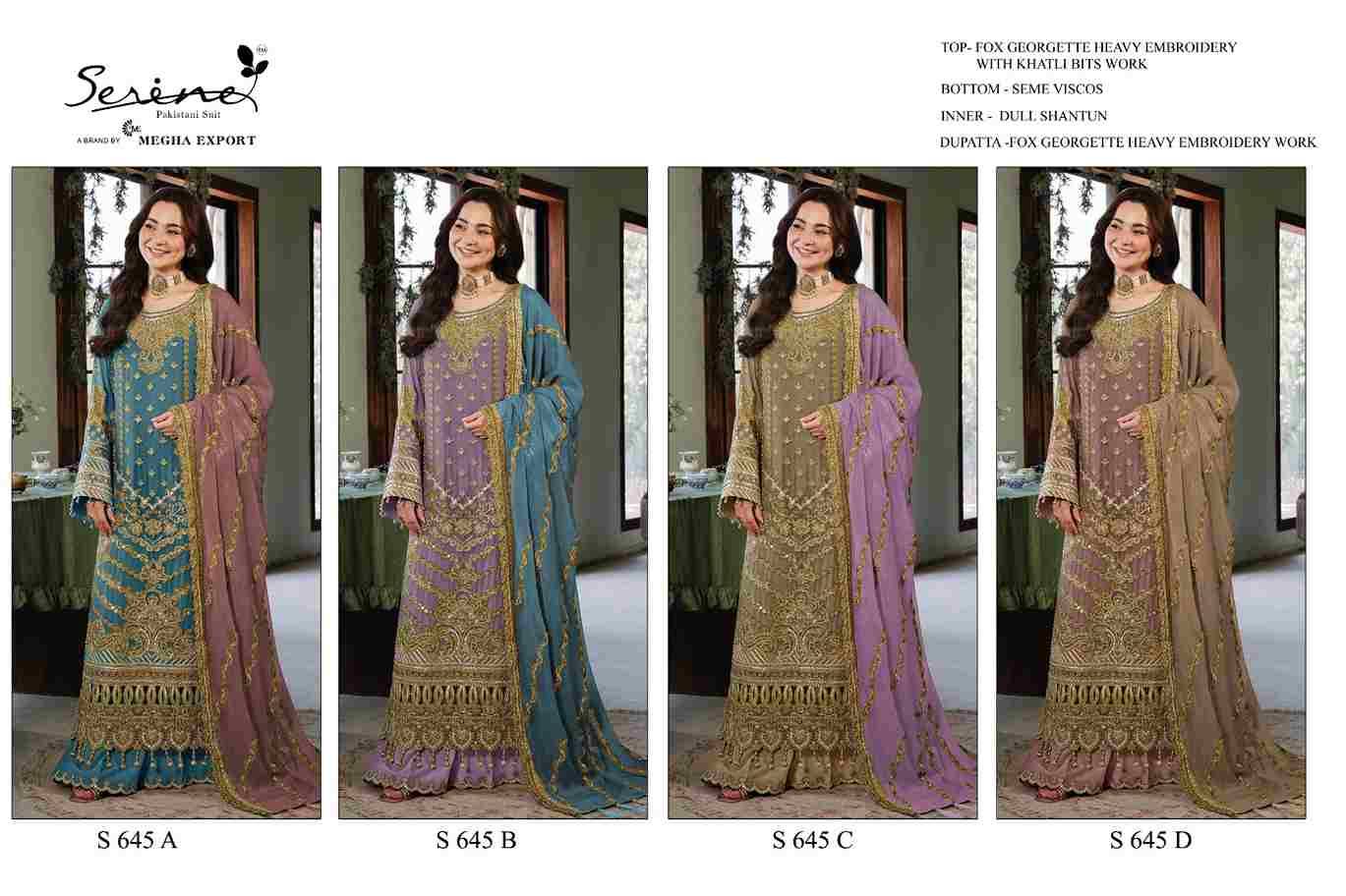 Serene Hit Design S-645 Colours By Serene S-645-A To S-645-D Series Designer Pakistani Suits Beautiful Fancy Colorful Stylish Party Wear & Occasional Wear Faux Georgette Embroidered Dresses At Wholesale Price