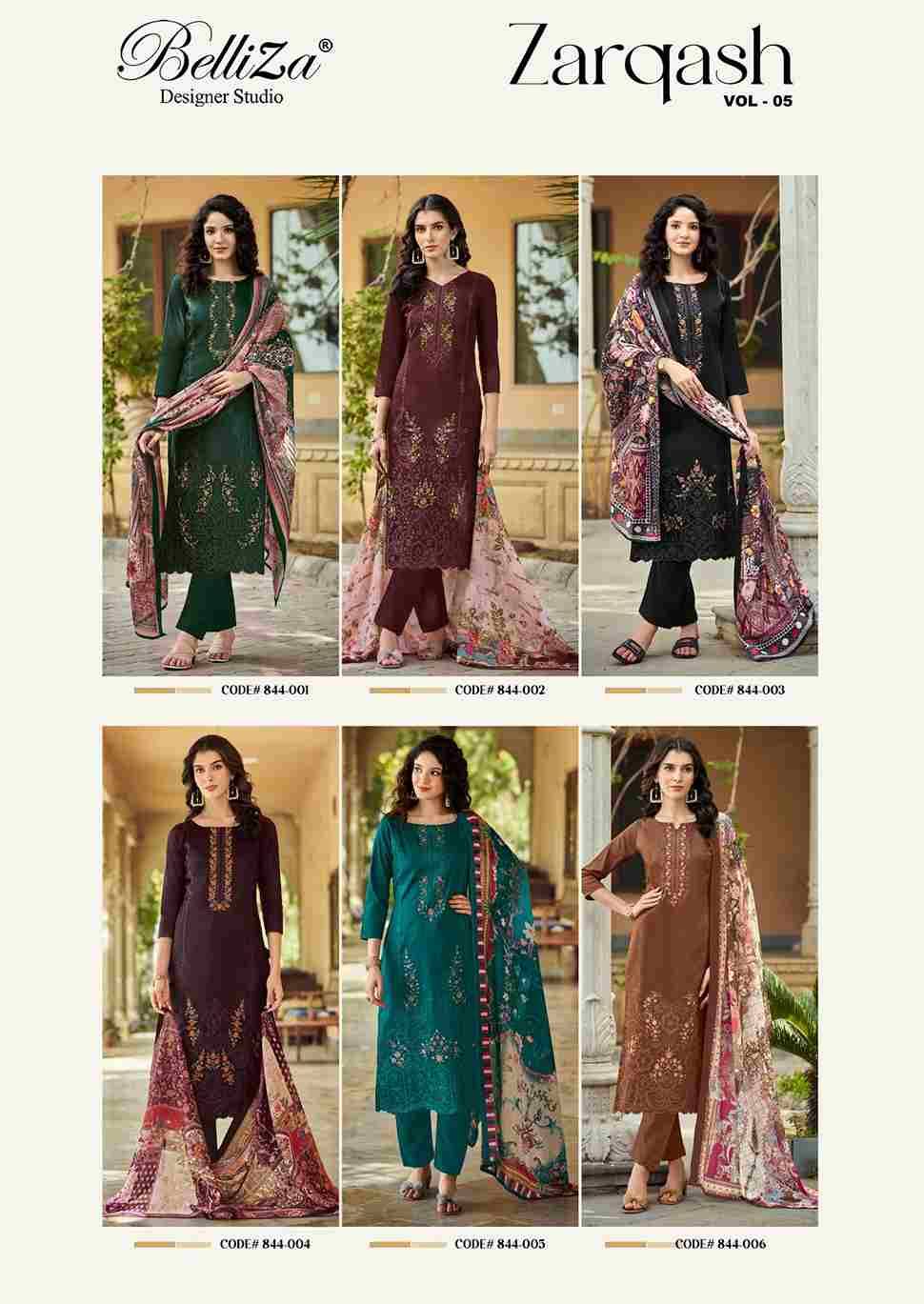 Zarqash Vol-5 By Belliza 844-001 To 844-006 Series Beautiful Festive Suits Stylish Fancy Colorful Casual Wear & Ethnic Wear Pure Jam Print Dresses At Wholesale Price