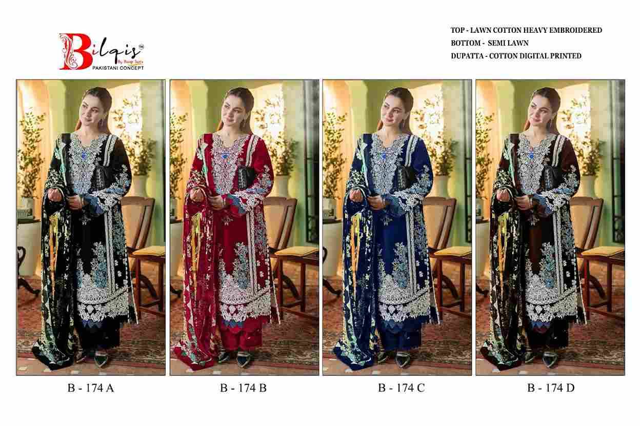 Bilqis 174 Colours By Bilqis 174-A To 174-D Series Beautiful Pakistani Suits Stylish Fancy Colorful Party Wear & Occasional Wear Cotton Lawn Embroidery Dresses At Wholesale Price