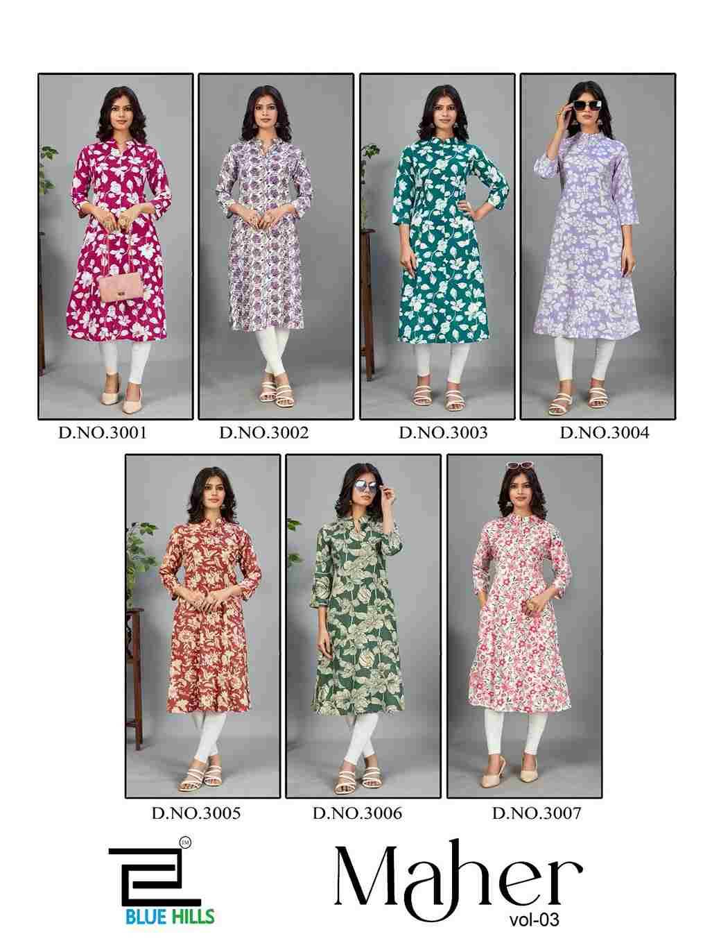 Maher Vol-3 By Blue Hills 3001 To 3007 Series Designer Stylish Fancy Colorful Beautiful Party Wear & Ethnic Wear Collection Rayon Print Kurtis At Wholesale Price