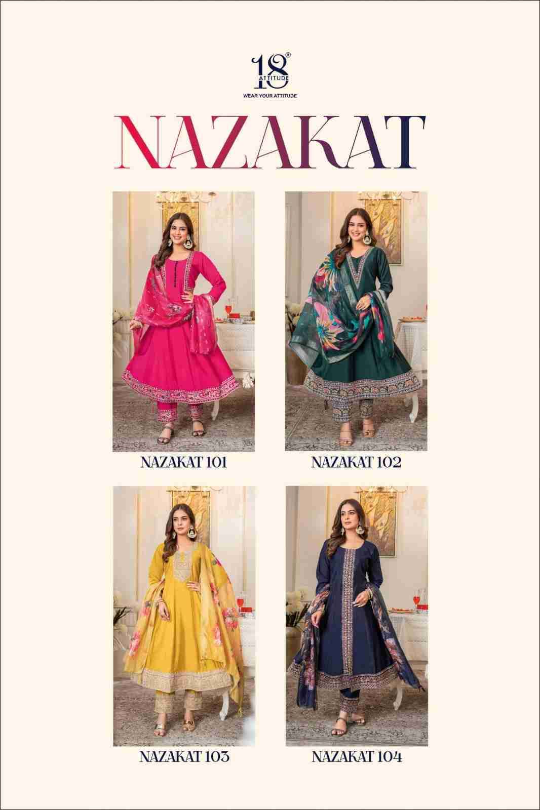 Nazakat By 18 Attitude 101 To 104 Series Beautiful Festive Suits Stylish Fancy Colorful Casual Wear & Ethnic Wear Pure Muslin Dresses At Wholesale Price