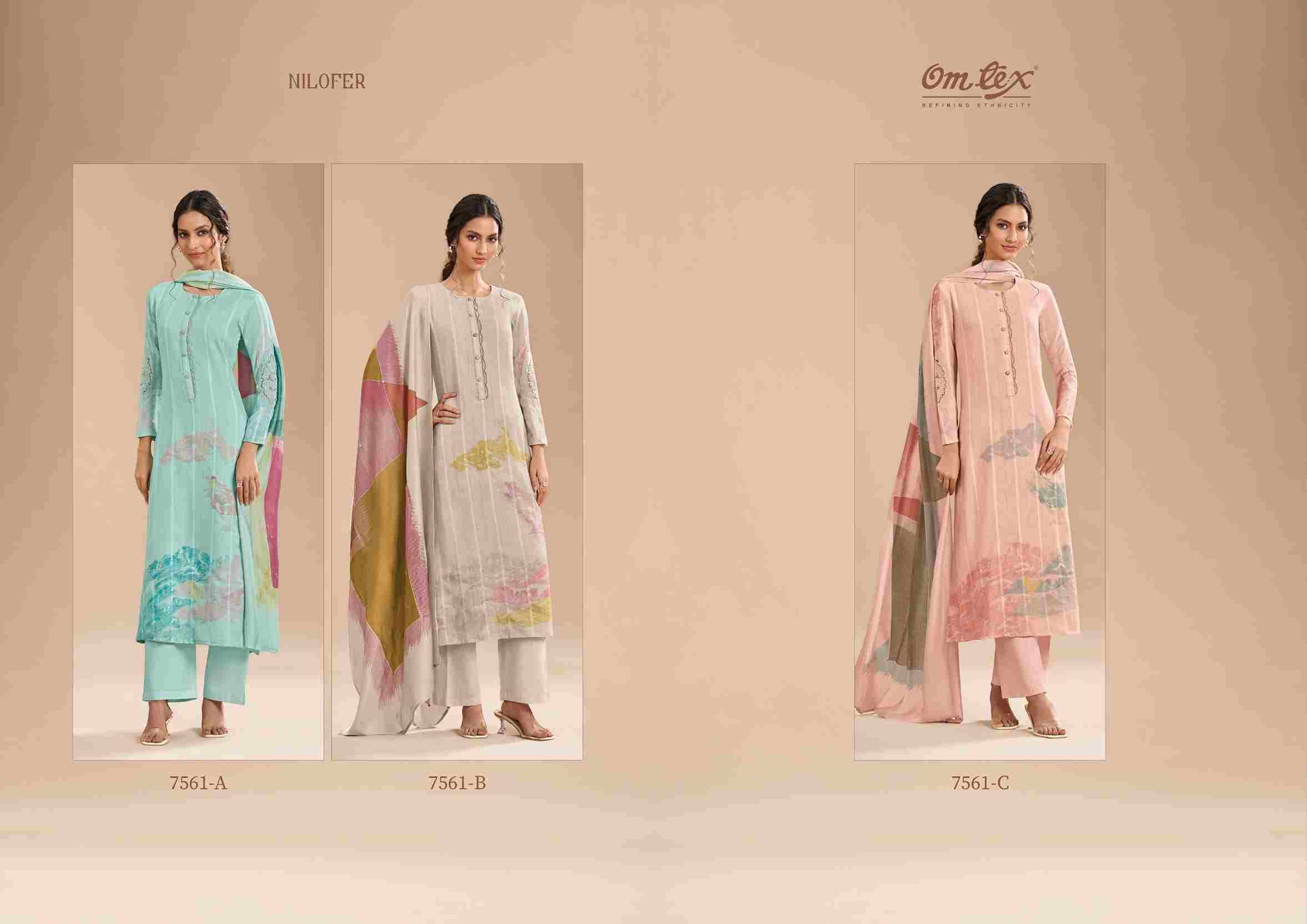 Nilofer By Om Tex 7561-A To 7561-C Series Beautiful Suits Stylish Fancy Colorful Party Wear & Ethnic Wear Linen Dresses At Wholesale Price