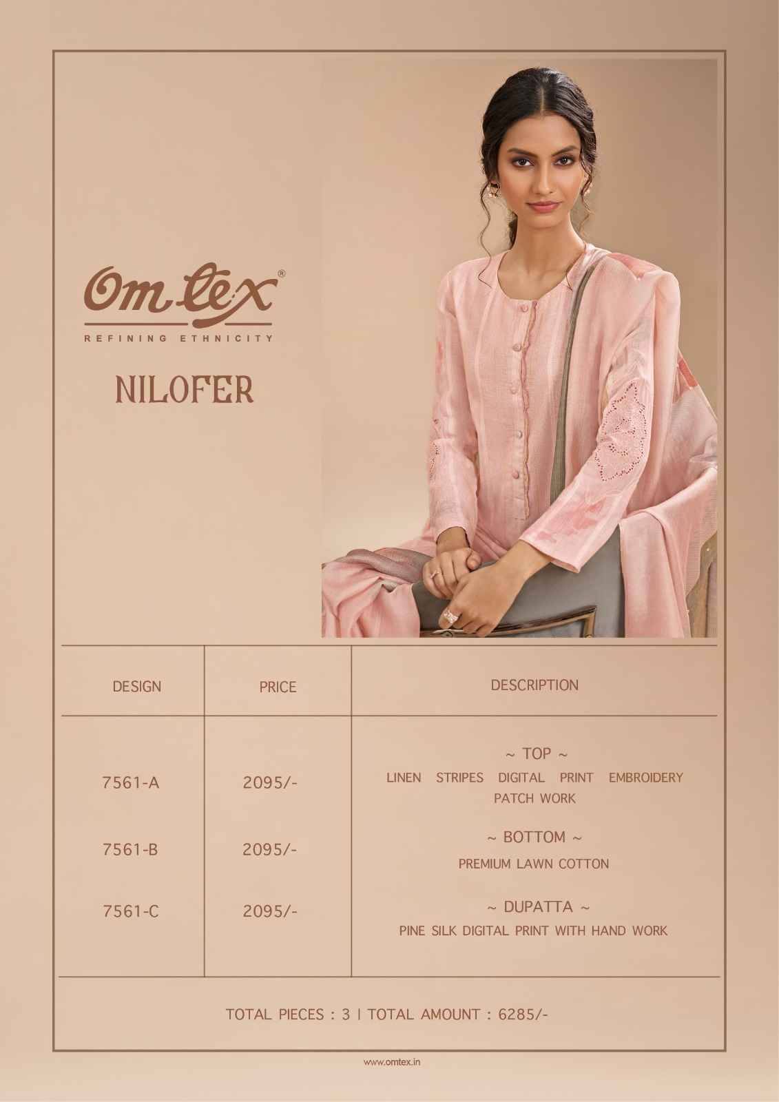 Nilofer By Om Tex 7561-A To 7561-C Series Beautiful Suits Stylish Fancy Colorful Party Wear & Ethnic Wear Linen Dresses At Wholesale Price