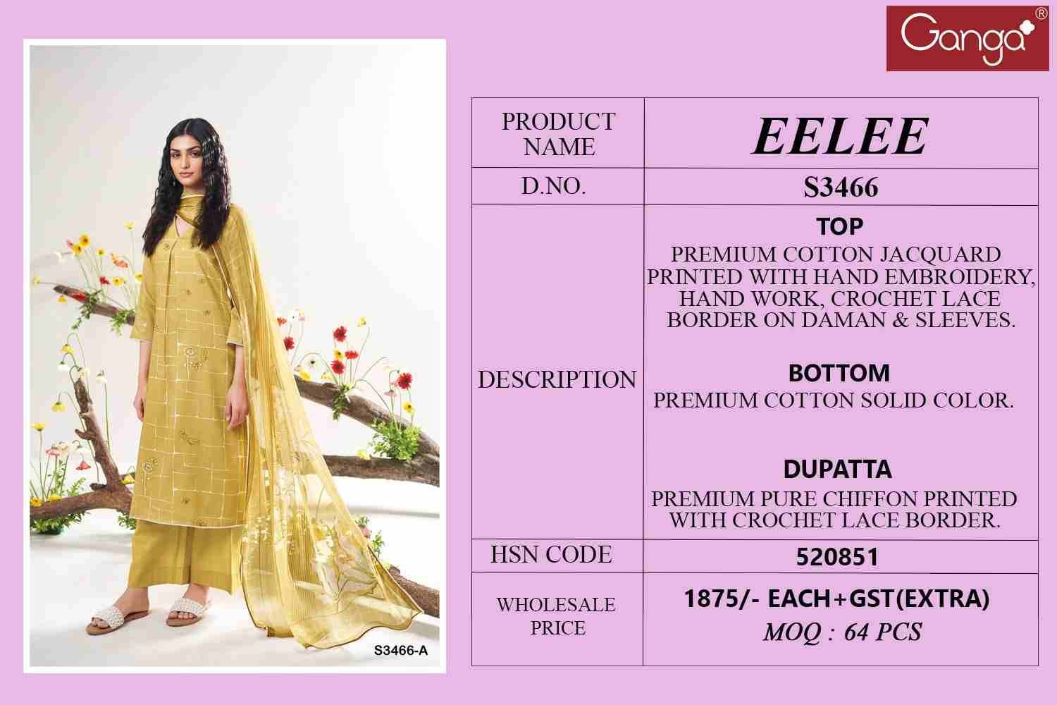 Eelee-3466 By Ganga Fashion 3466-A To 3466-D Series Beautiful Festive Suits Colorful Stylish Fancy Casual Wear & Ethnic Wear Pure Cotton Jacquard Dresses At Wholesale Price