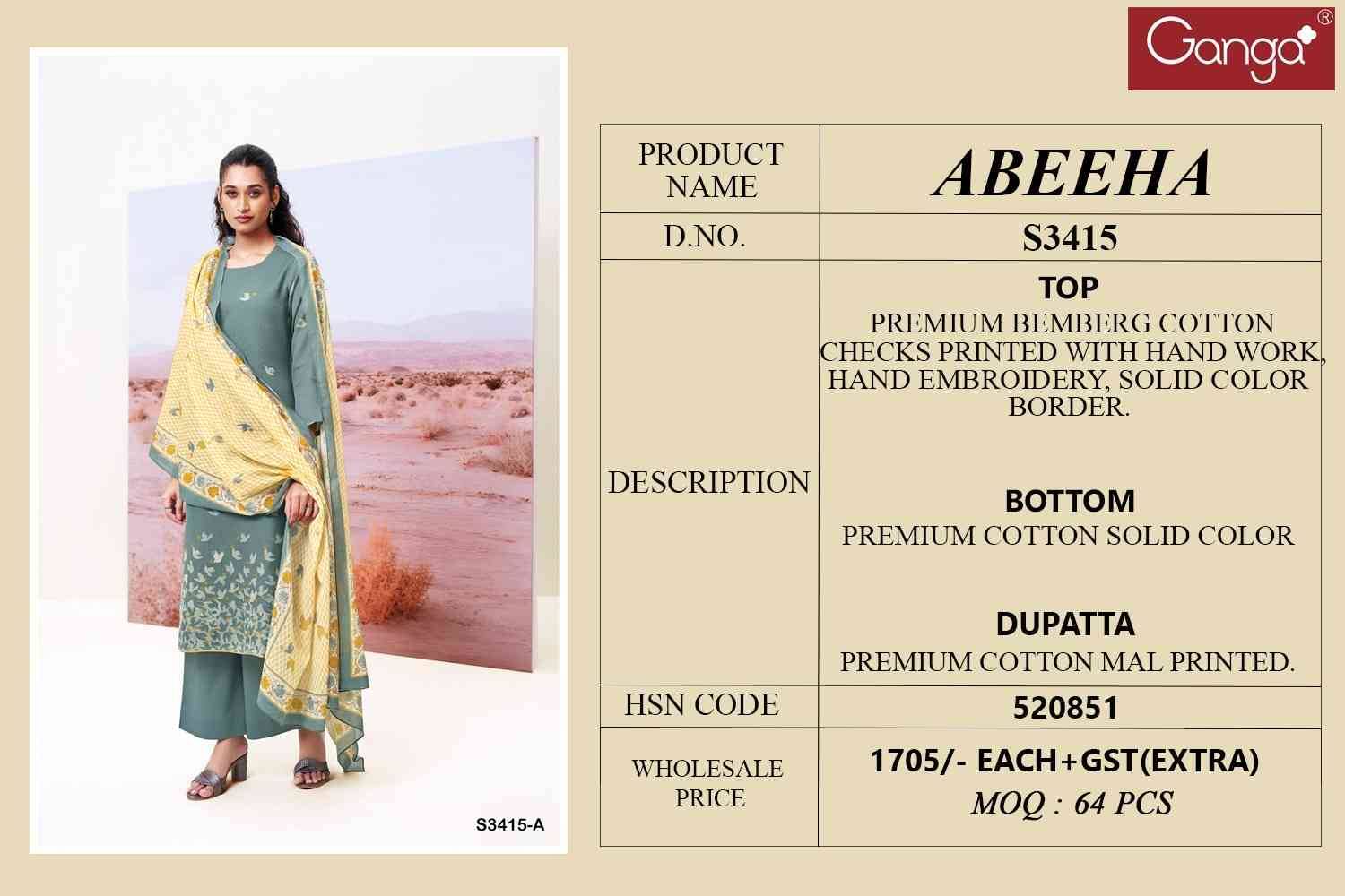 Abeeha-3415 By Ganga Fashion 3415-A To 3415-D Series Beautiful Festive Suits Colorful Stylish Fancy Casual Wear & Ethnic Wear Pure Cotton Dresses At Wholesale Price