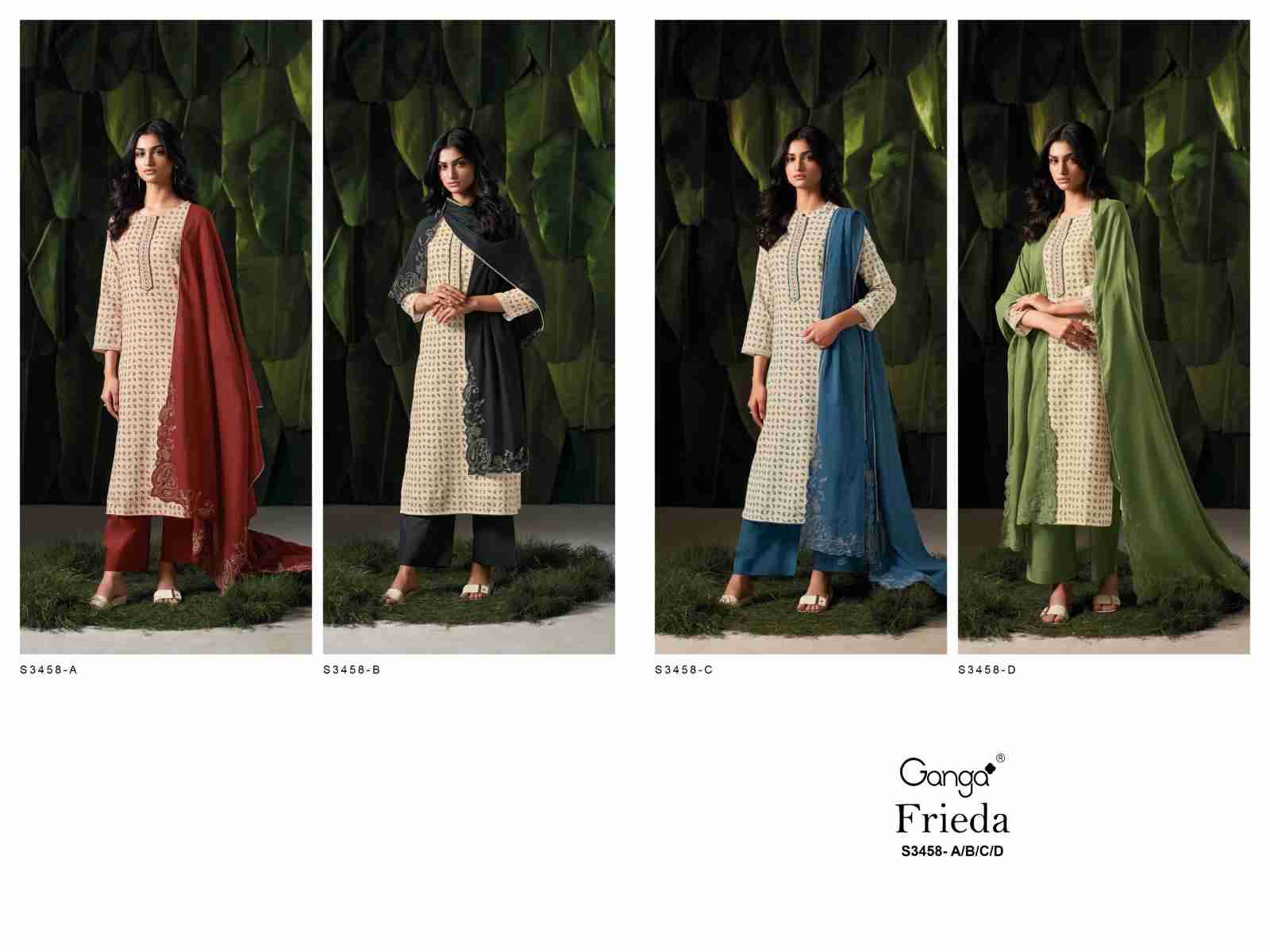 Frieda-3458 By Ganga Fashion 3458-A To 3458-D Series Beautiful Festive Suits Colorful Stylish Fancy Casual Wear & Ethnic Wear Pure Cotton Jacquard Dresses At Wholesale Price