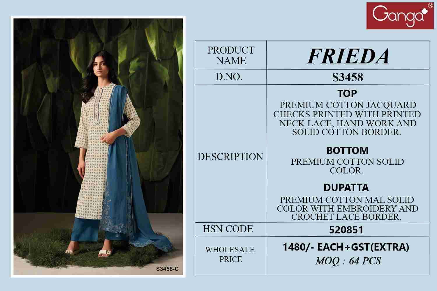Frieda-3458 By Ganga Fashion 3458-A To 3458-D Series Beautiful Festive Suits Colorful Stylish Fancy Casual Wear & Ethnic Wear Pure Cotton Jacquard Dresses At Wholesale Price