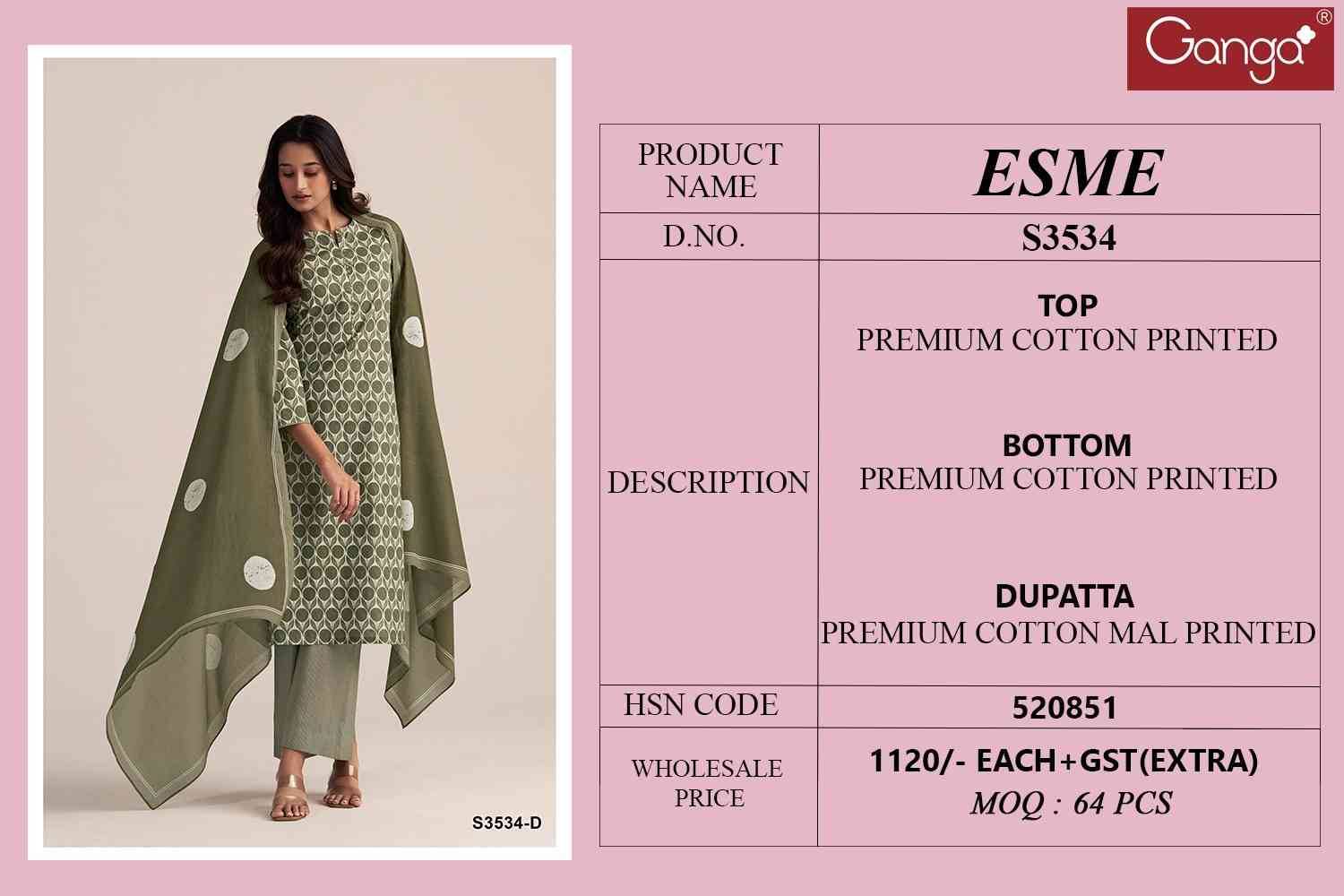 Esme-3534 By Ganga Fashion 3534-A To 3534-D Series Beautiful Festive Suits Colorful Stylish Fancy Casual Wear & Ethnic Wear Pure Cotton Dresses At Wholesale Price