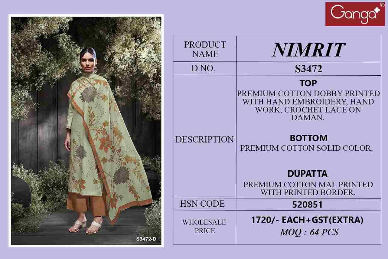 Nimrit-3472 By Ganga Fashion 3472-A To 3472-D Series Beautiful Festive Suits Colorful Stylish Fancy Casual Wear & Ethnic Wear Pure Cotton Dresses At Wholesale Price