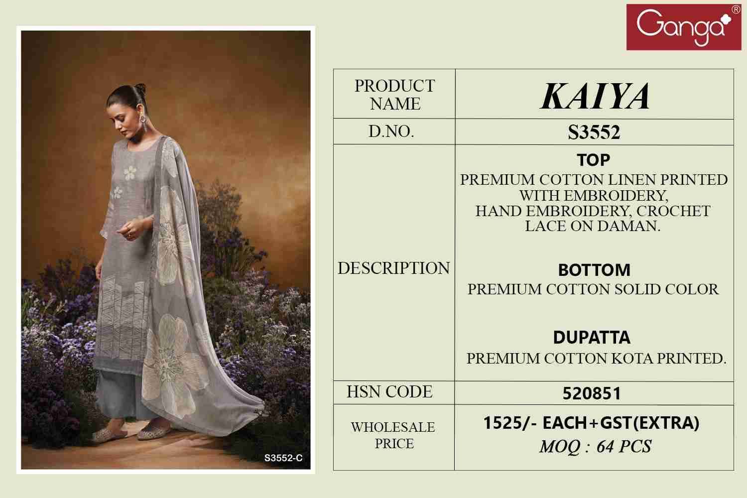 Kaiya-3552 By Ganga Fashion 3552-A To 3552-D Series Beautiful Festive Suits Colorful Stylish Fancy Casual Wear & Ethnic Wear Pure Cotton Linen Dresses At Wholesale Price
